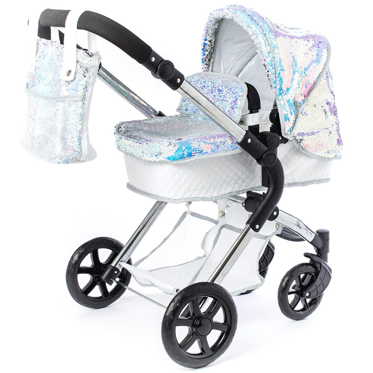 Roma Prams: Polly Single Doll Pram - Silver Mermaid Sequins - Convertible 2-In-1: Carry Cot & Seat, Folding Toy Push Stroller, Dolls To 12.6", Kids 3+